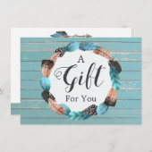 Carte Certificat cadeau Rustique Turquoise Bois & Plumes (Devant / Derrière)