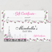 Carte Certificat Cadeau Salon Paris Tour Eiffel Roses (Devant / Derrière)