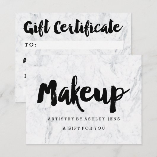 Carte Certificat cadeau script de maquillage noir marbre (Devant / Derrière)