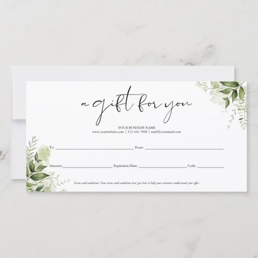 Carte Certificat Cadeau Script Élégant Floral de Verdure (Devant)