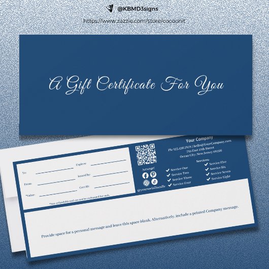 Carte Certificat cadeau Sophisticated Blue White Script