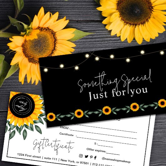 Carte Certificat cadeau Sunset avec tournesol