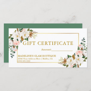 Carte Certificat cadeau vert Rose Magnolias Watercolor