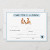 Carte Certificat d'adoption de chiot bleu et blanc (Devant)