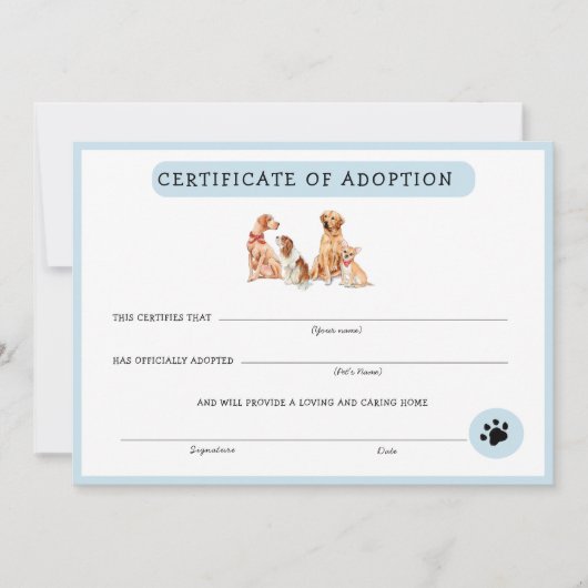 Carte Certificat d'adoption de chiot bleu et blanc (Devant)