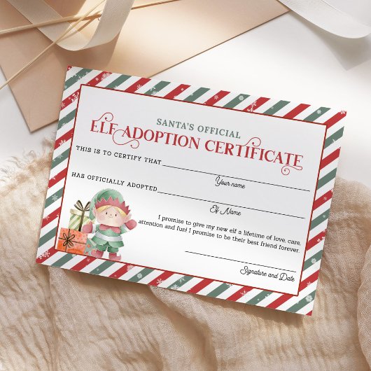 Carte Certificat d'adoption des elfes de Noël