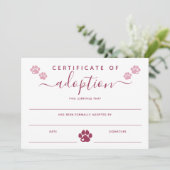 Carte Certificat d'adoption des Empreintes de pattes ros (Debout devant)