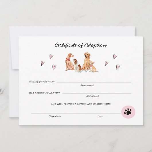 Carte Certificat d'adoption rose et blanc de chiot (Devant)