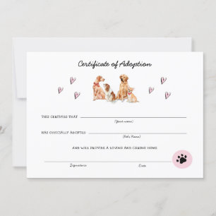 Carte Certificat d'adoption rose et blanc de chiot