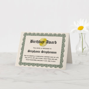 Carte Certificat d'anniversaire Appréciation Salutation