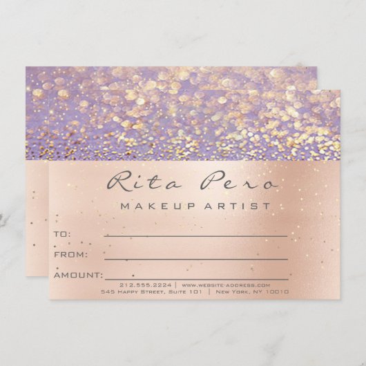 Carte Certificat d'artiste maquillage d'or rose Cadeau v (Devant / Derrière)