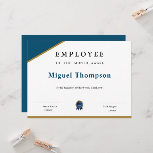 Carte Certificat d'attribution de l'employé du mois (Devant/Arrière en situation)