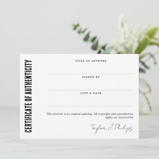 Carte Certificat d'authenticité du script de signature n (Debout devant)