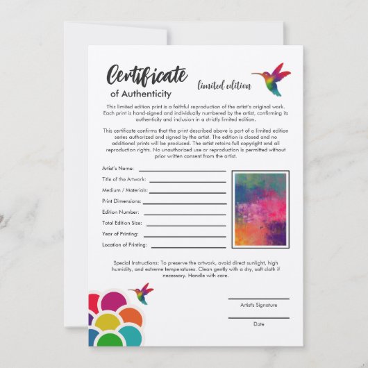 Carte Certificat d'authenticité édition limitée Imprimer (Devant)