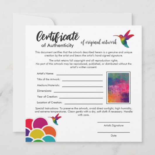 Carte Certificat d'authenticité pour l'oeuvre originale (Devant)