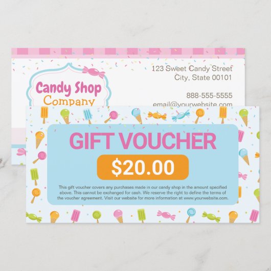 Carte Certificat de bon cadeau Sweet Candy Shop (Devant / Derrière)