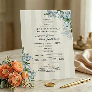 Carte Certificat de Nikah islamique Fleur de Lys Bleu