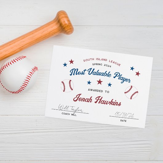Carte Certificat d'équipe de base-ball pour enfants pers
