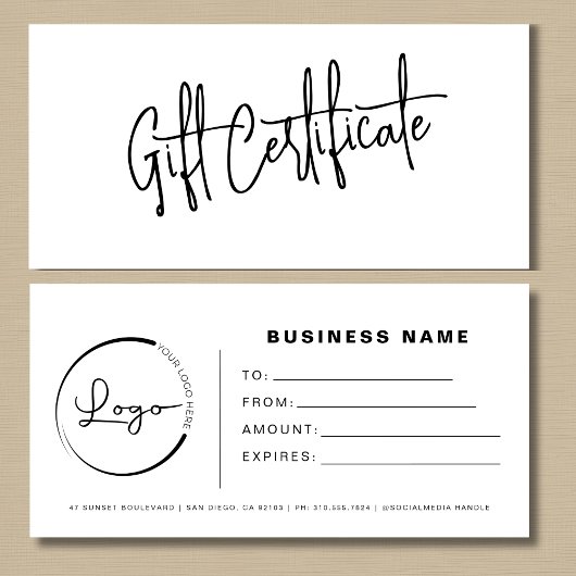 Carte Certificats cadeaux Black White Logo