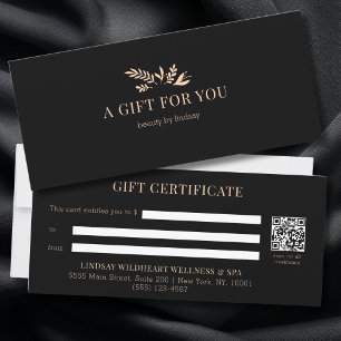 Carte Certificats Cadeaux Code QR Botanique Noir Minimal
