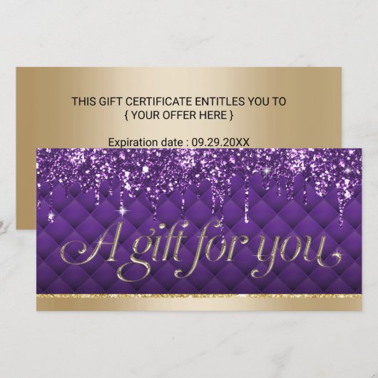 Carte Certificats-cadeaux de luxe Purple Gold Beauty Sal (Devant / Derrière)