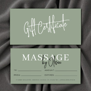 Carte Certificats Cadeaux de Thérapeute en Massage Vert