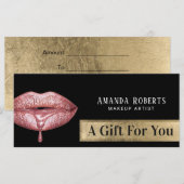 Carte Certificats Cadeaux Rose moderne Lèvres goutte or (Devant / Derrière)