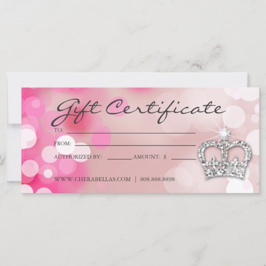 Carte Certificats-Cadeaux Salon Spa rose Couronne & Lumi (Devant)