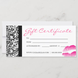 Carte Certificats Cadeaux Salon Spa rose Damas Lèvres ca