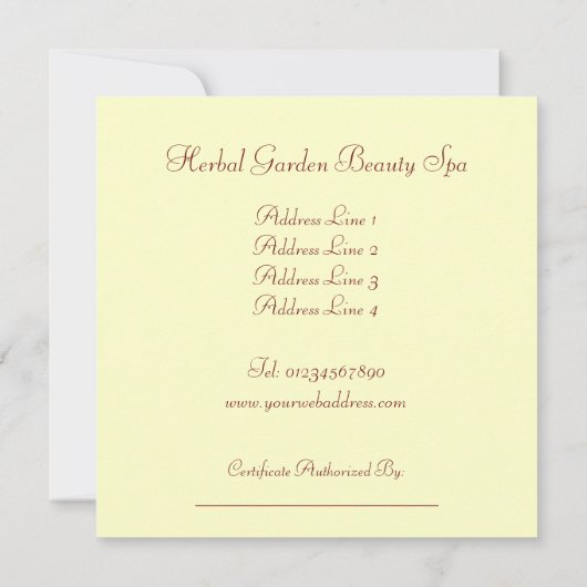 Carte Certificats cadeaux Spa de beauté (Dos)