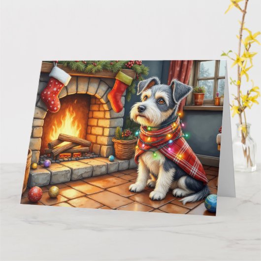 Carte Cesky Terrier Fireplace with Christmas Lights (Fleur jaune)
