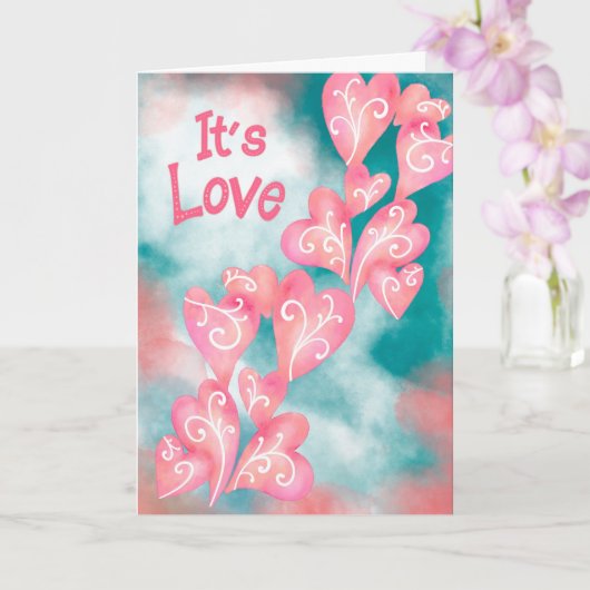 Carte C'est l'amour – Cascade de cœurs roses et sarcelle (Orchidée)