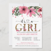 Carte C'est une fille baby shower d'aquarelle rose et or (Devant)