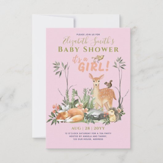 Carte C'est une FILLE ! Cute Woodland Baby Animals Douch (Devant)