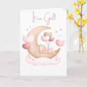 Carte C'est une fille ! ! ! Lapin dormant sur une lune d (Fleur jaune)