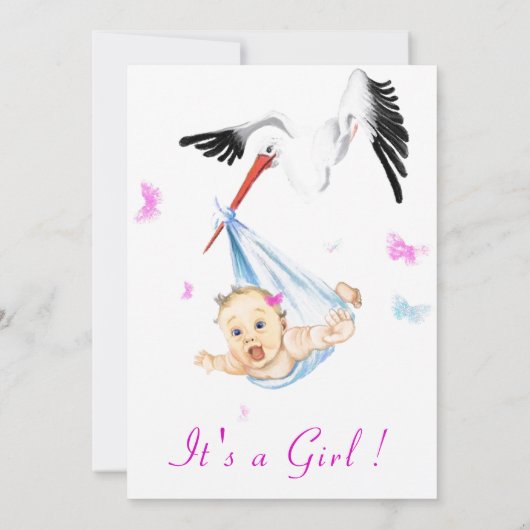 Carte C'est une fille mignonne cigogne bébé fille douche (Dos)