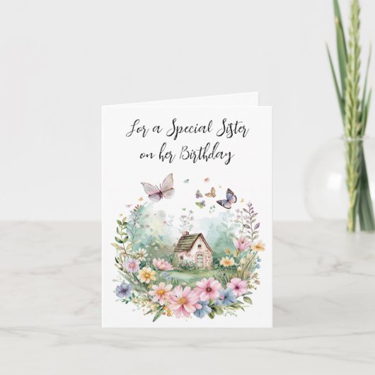 Carte Chalet d'aquarelle dans une couronne fleurie pour  (Devant)