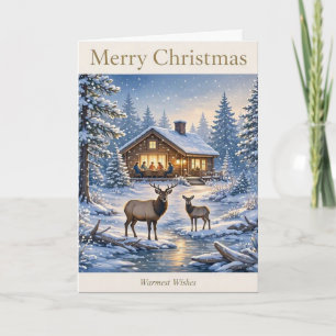 Carte Chalet de Noël au bord du ruisseau • Élan et cerf