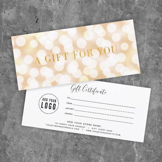 Carte Champagne Bokeh Lights Faux Gold Certificat cadeau