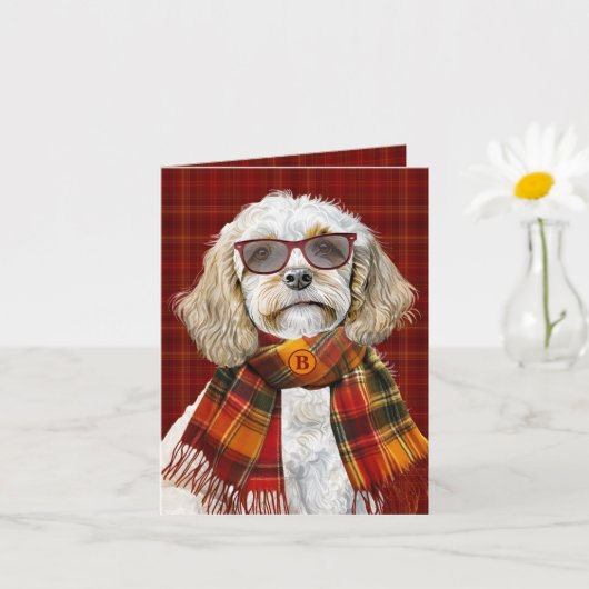 Carte Champagne Cockapoo Chien Vin Plaid Monogrammé (Petite plante)