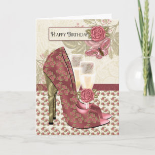 Carte Champagne Et Chaussures Papillon Et Rose Anniversa