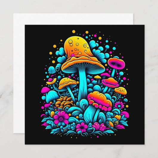 Carte Champignons et fleurs rétro Neon Ai Art (Devant / Derrière)