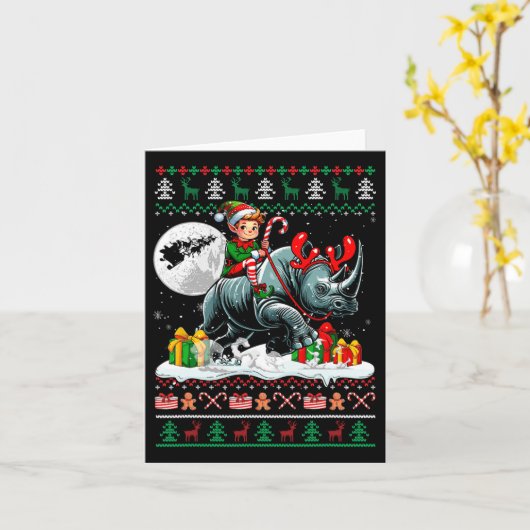 Carte Chandail de Noël Elf Riding Rhino Correspondance E (Fleur jaune)