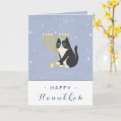 Carte Chandelier de chat drôle et dreidel Joyeux Hanukka (Fleur jaune)