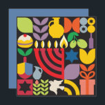 Carte Chanukah Hanoukka Menorah Donut Etoiles juives<br><div class="desc">Hanoukka / Chanukah Colorful Modern Geometric Motif Carte de voeux. Menorah, Dreidel, Jewish Stars, Donut & Olive Oil... ils sont tous là. Symboles Hanoukka juifs Espace pour ajouter votre texte personnalisé au verso. Heureux souhaits d'Hanoukka. L'hébreu à l'intérieur dit "Chanukah Sameach". (Heureux Chanoukah). Ce haut de gamme, regardez, est une...</div>