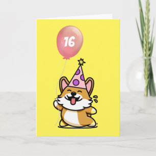 Carte Chapeau de Fête Rose et Violet Corgi 16e Anniversa