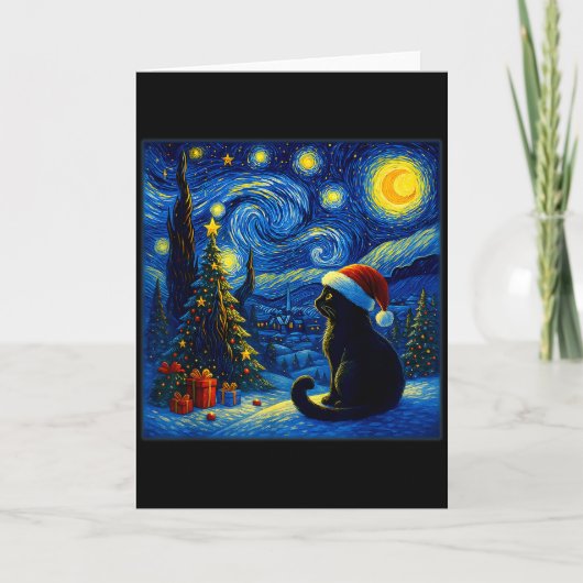 Carte Chapeau de Père Noël Chat Noir Van Gogh Nuit Étoil (Devant)