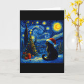 Carte Chapeau de Père Noël Chat Noir Van Gogh Nuit Étoil (Fleur jaune)
