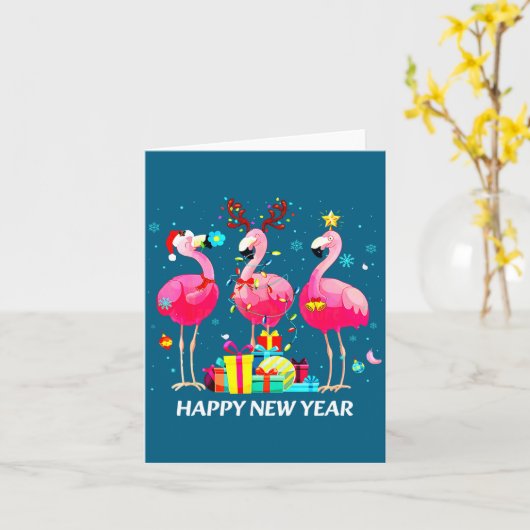 Carte Chapeau de Père Noël flamant rose Joyeux Nouvel An (Fleur jaune)