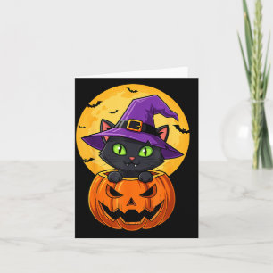 Carte Chapeau de sorcière chat noir mignon dans citrouil